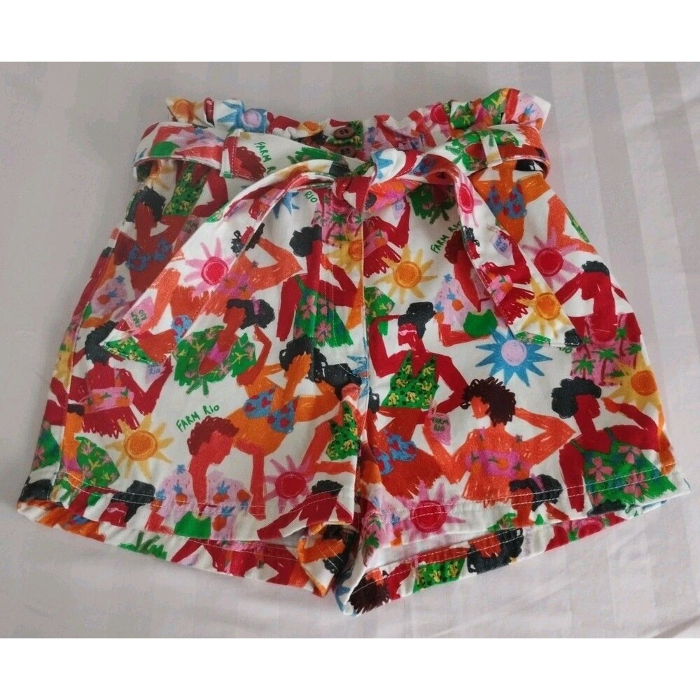Farm Rio Bikini Lady Shorts S Multicolor Denim Belted High Rise Summer Sz XS EUC